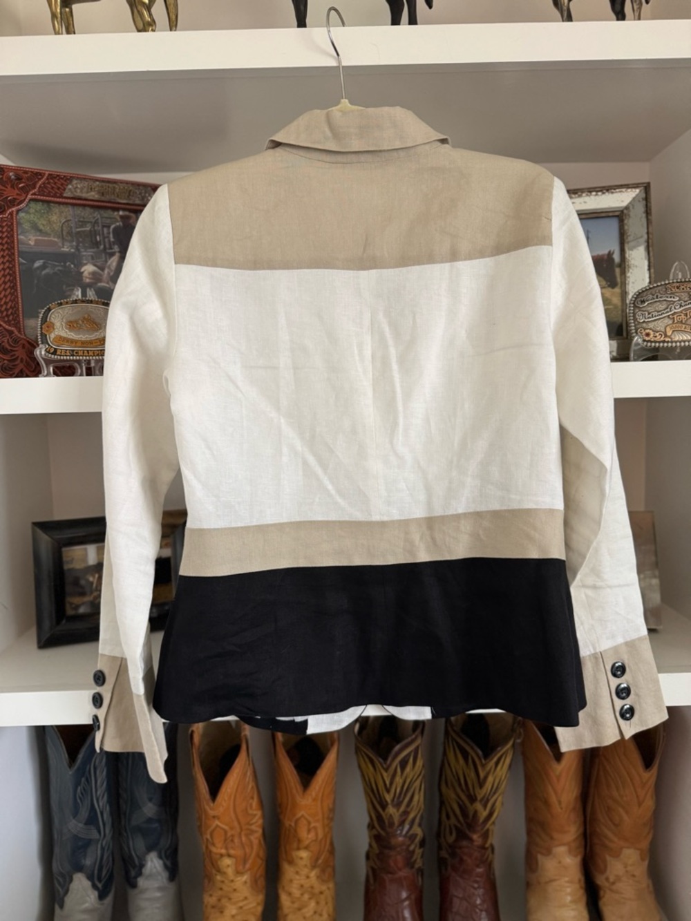 Richard Malcom Colorblock Linen Blazer in Cream, Tan & Black - Picture 3 of 8